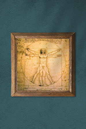 Leonardo da Vinci Vitruvius Adamı Taş Duvar Tablosu Ahşap Çerçeveli Duvar Dekoru Wall Art 25x25cm