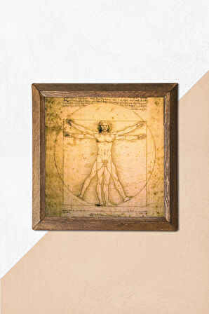 Leonardo da Vinci Vitruvius Adamı Taş Duvar Tablosu Ahşap Çerçeveli Duvar Dekoru Wall Art 25x25cm