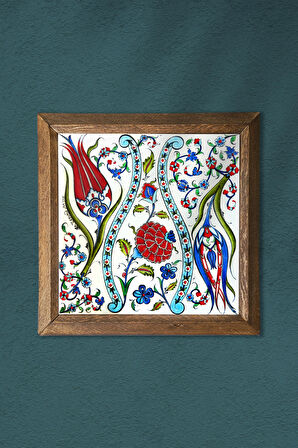 Çini Sanatı Lale Taş Duvar Tablosu Ahşap Çerçeveli Duvar Dekoru Wall Art 25x25cm