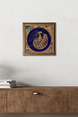 Tavus Kuşu Taş Duvar Tablosu Ahşap Çerçeveli Duvar Dekoru Wall Art 25x25cm