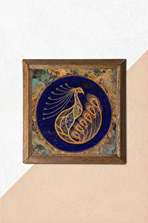 Tavus Kuşu Taş Duvar Tablosu Ahşap Çerçeveli Duvar Dekoru Wall Art 25x25cm