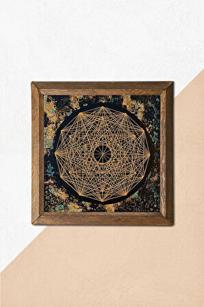 Sri Yantra Taş Duvar Tablosu Ahşap Çerçeveli Duvar Dekoru Wall Art 25x25cm