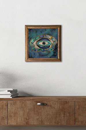 Nazar Göz Taş Duvar Tablosu Ahşap Çerçeveli Duvar Dekoru Wall Art 25x25cm