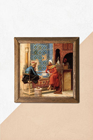 Satranç Oyunu Taş Duvar Tablosu Ahşap Çerçeveli Duvar Dekoru Wall Art 25x25cm