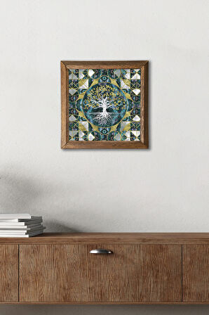 Hayat Ağacı Taş Duvar Tablosu Ahşap Çerçeveli Duvar Dekoru Wall Art 25x25cm