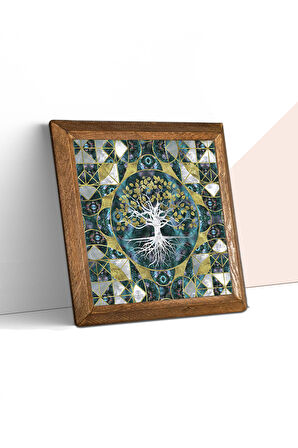 Hayat Ağacı Taş Duvar Tablosu Ahşap Çerçeveli Duvar Dekoru Wall Art 25x25cm