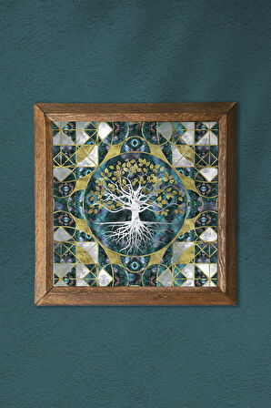 Hayat Ağacı Taş Duvar Tablosu Ahşap Çerçeveli Duvar Dekoru Wall Art 25x25cm