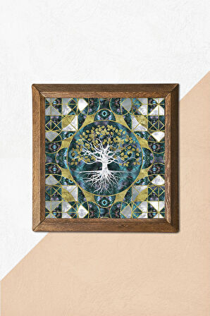 Hayat Ağacı Taş Duvar Tablosu Ahşap Çerçeveli Duvar Dekoru Wall Art 25x25cm