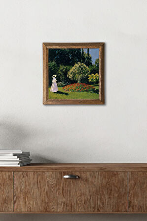 Claude Monet Bahçedeki Kadın Taş Duvar Tablosu Ahşap Çerçeveli Duvar Dekoru Wall Art 25x25cm
