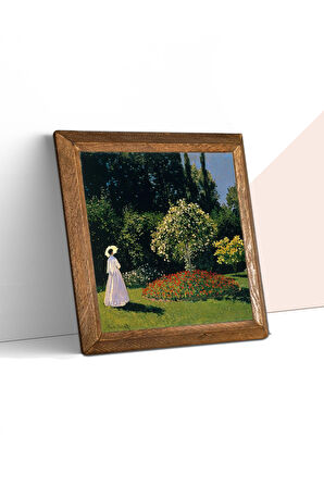 Claude Monet Bahçedeki Kadın Taş Duvar Tablosu Ahşap Çerçeveli Duvar Dekoru Wall Art 25x25cm