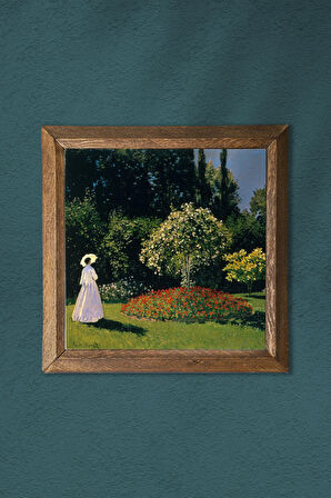 Claude Monet Bahçedeki Kadın Taş Duvar Tablosu Ahşap Çerçeveli Duvar Dekoru Wall Art 25x25cm
