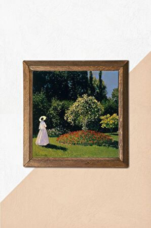 Claude Monet Bahçedeki Kadın Taş Duvar Tablosu Ahşap Çerçeveli Duvar Dekoru Wall Art 25x25cm