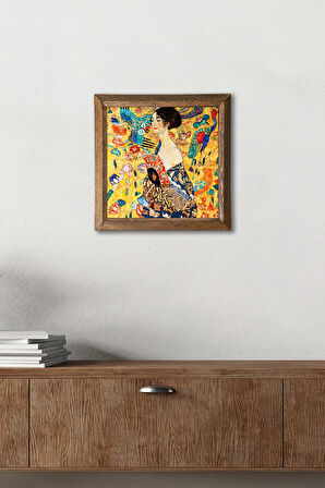 Gustav Klimt Yelpazeli Kadın Taş Duvar Tablosu Ahşap Çerçeveli Duvar Dekoru Wall Art 25x25cm