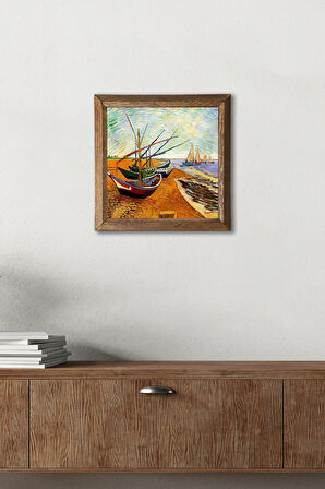 Vincent van Gogh Balıkçı Tekneleri Taş Duvar Tablosu Ahşap Çerçeveli Duvar Dekoru Wall Art 25x25cm