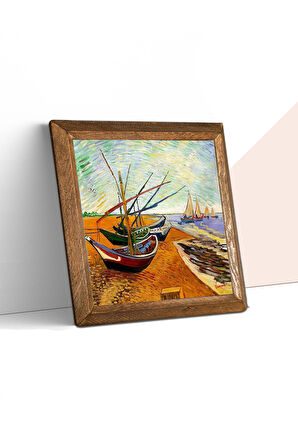Vincent van Gogh Balıkçı Tekneleri Taş Duvar Tablosu Ahşap Çerçeveli Duvar Dekoru Wall Art 25x25cm