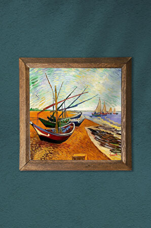 Vincent van Gogh Balıkçı Tekneleri Taş Duvar Tablosu Ahşap Çerçeveli Duvar Dekoru Wall Art 25x25cm