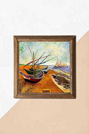 Vincent van Gogh Balıkçı Tekneleri Taş Duvar Tablosu Ahşap Çerçeveli Duvar Dekoru Wall Art 25x25cm