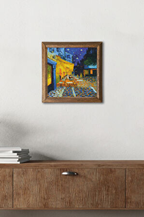 Vincent van Gogh Kafe Terasta Gece Taş Duvar Tablosu Ahşap Çerçeveli Duvar Dekoru Wall Art 25x25cm