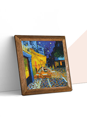 Vincent van Gogh Kafe Terasta Gece Taş Duvar Tablosu Ahşap Çerçeveli Duvar Dekoru Wall Art 25x25cm