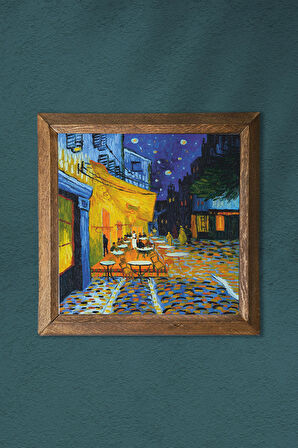 Vincent van Gogh Kafe Terasta Gece Taş Duvar Tablosu Ahşap Çerçeveli Duvar Dekoru Wall Art 25x25cm