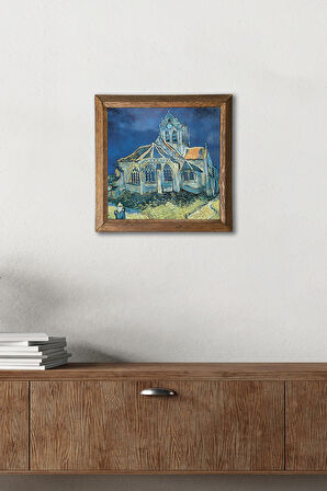 Vincent van Gogh Auvers'deki Kilise Taş Duvar Tablosu Ahşap Çerçeveli Duvar Dekoru Wall Art 25x25cm