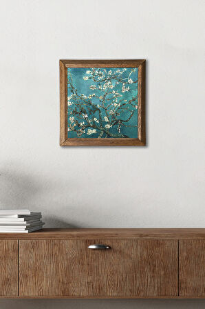 Vincent van Gogh Badem Ağacı Taş Duvar Tablosu Ahşap Çerçeveli Duvar Dekoru Wall Art 25x25cm