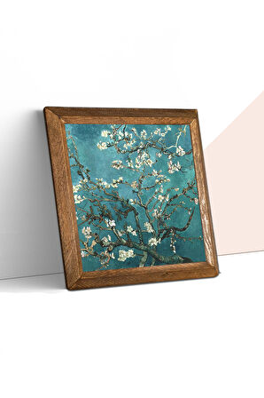 Vincent van Gogh Badem Ağacı Taş Duvar Tablosu Ahşap Çerçeveli Duvar Dekoru Wall Art 25x25cm