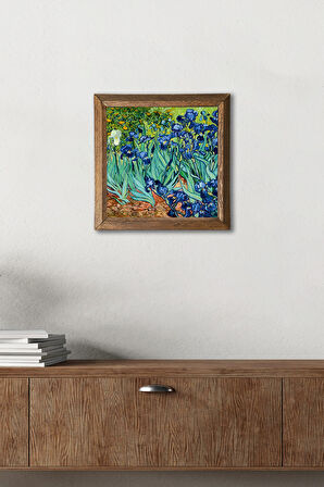 Vincent van Gogh İrisler Taş Duvar Tablosu Ahşap Çerçeveli Duvar Dekoru Wall Art 25x25cm