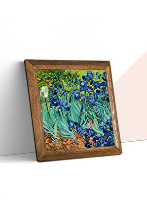 Vincent van Gogh İrisler Taş Duvar Tablosu Ahşap Çerçeveli Duvar Dekoru Wall Art 25x25cm