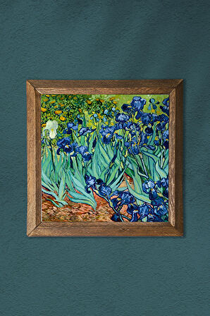 Vincent van Gogh İrisler Taş Duvar Tablosu Ahşap Çerçeveli Duvar Dekoru Wall Art 25x25cm