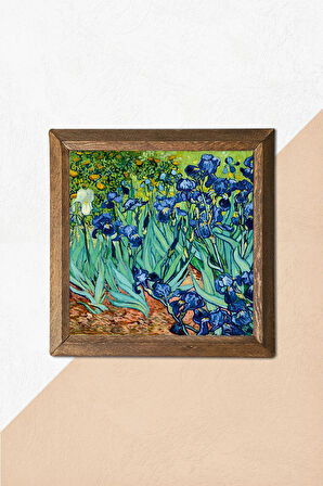 Vincent van Gogh İrisler Taş Duvar Tablosu Ahşap Çerçeveli Duvar Dekoru Wall Art 25x25cm