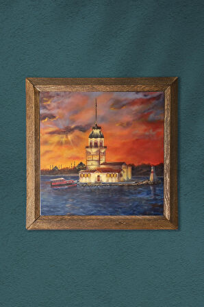 İstanbul Kız Kulesi Taş Duvar Tablosu Ahşap Çerçeveli Duvar Dekoru Wall Art 25x25cm