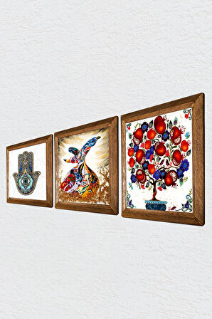 Semazen, Nar Ağacı, Fatma Ana Eli (Hamsa) Taş Duvar Tablosu Ahşap Çerçeveli Duvar Dekoru 3 Parça Tablo Seti Wall Art