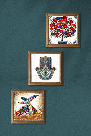 Semazen, Nar Ağacı, Fatma Ana Eli (Hamsa) Taş Duvar Tablosu Ahşap Çerçeveli Duvar Dekoru 3 Parça Tablo Seti Wall Art