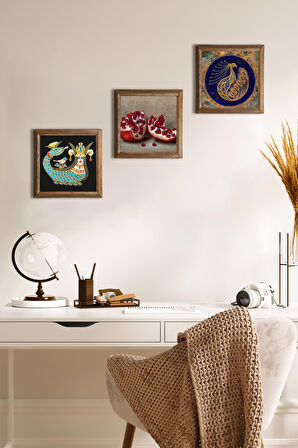 Tavus Kuşu, Şahmeran, Nar Taş Duvar Tablosu Ahşap Çerçeveli Duvar Dekoru 3 Parça Tablo Seti Wall Art