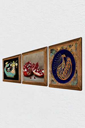Tavus Kuşu, Şahmeran, Nar Taş Duvar Tablosu Ahşap Çerçeveli Duvar Dekoru 3 Parça Tablo Seti Wall Art