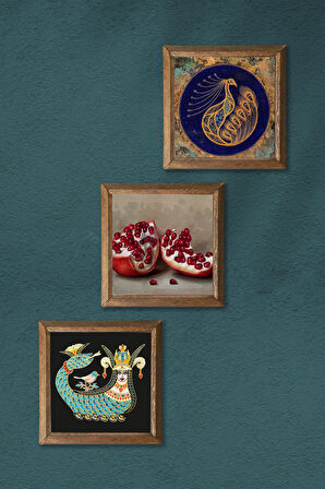 Tavus Kuşu, Şahmeran, Nar Taş Duvar Tablosu Ahşap Çerçeveli Duvar Dekoru 3 Parça Tablo Seti Wall Art