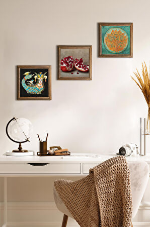 Lotus Çiçeği, Şahmeran, Nar Taş Duvar Tablosu Ahşap Çerçeveli Duvar Dekoru 3 Parça Tablo Seti Wall Art