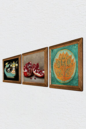 Lotus Çiçeği, Şahmeran, Nar Taş Duvar Tablosu Ahşap Çerçeveli Duvar Dekoru 3 Parça Tablo Seti Wall Art