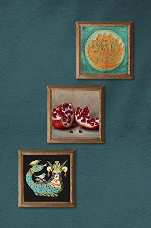 Lotus Çiçeği, Şahmeran, Nar Taş Duvar Tablosu Ahşap Çerçeveli Duvar Dekoru 3 Parça Tablo Seti Wall Art