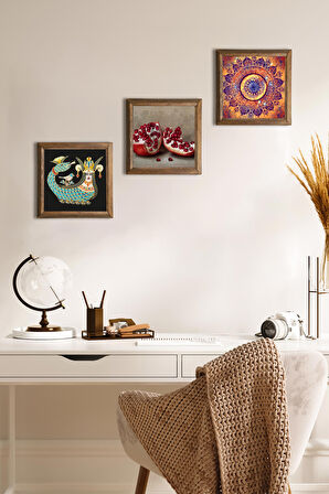 Mandala, Şahmeran, Nar Taş Duvar Tablosu Ahşap Çerçeveli Duvar Dekoru 3 Parça Tablo Seti Wall Art