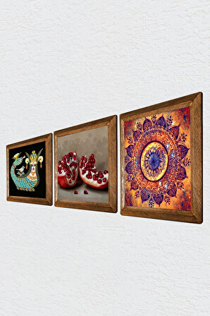 Mandala, Şahmeran, Nar Taş Duvar Tablosu Ahşap Çerçeveli Duvar Dekoru 3 Parça Tablo Seti Wall Art