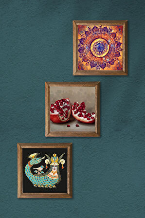 Mandala, Şahmeran, Nar Taş Duvar Tablosu Ahşap Çerçeveli Duvar Dekoru 3 Parça Tablo Seti Wall Art