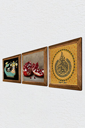 Ayet-el Kürsi, Şahmeran, Nar Taş Duvar Tablosu Ahşap Çerçeveli Duvar Dekoru 3 Parça Tablo Seti Wall Art