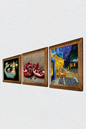 Van Gogh Kafe Terasta Gece, Şahmeran, Nar Taş Duvar Tablosu Ahşap Çerçeveli Duvar Dekoru 3 Parça Tablo Seti Wall Art