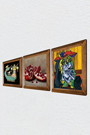 Picasso Ağlayan Kadın, Şahmeran, Nar Taş Duvar Tablosu Ahşap Çerçeveli Duvar Dekoru 3 Parça Tablo Seti Wall Art