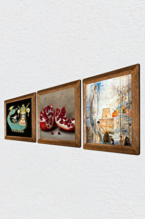 Salvador Dalí Amerika’nın Keşfi, Şahmeran, Nar Taş Duvar Tablosu Ahşap Çerçeveli Duvar Dekoru 3 Parça Tablo Seti Wall Art