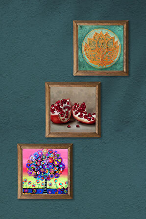 Lotus Çiçeği, Hayat Ağacı, Nar Taş Duvar Tablosu Ahşap Çerçeveli Duvar Dekoru 3 Parça Tablo Seti Wall Art