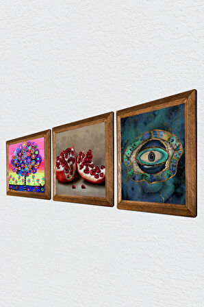 Nazar, Hayat Ağacı, Nar Taş Duvar Tablosu Ahşap Çerçeveli Duvar Dekoru 3 Parça Tablo Seti Wall Art