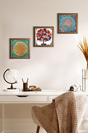 Yaşam Çiçeği, Lotus Çiçeği, Nar Ağacı Taş Duvar Tablosu Ahşap Çerçeveli Duvar Dekoru 3 Parça Tablo Seti Wall Art